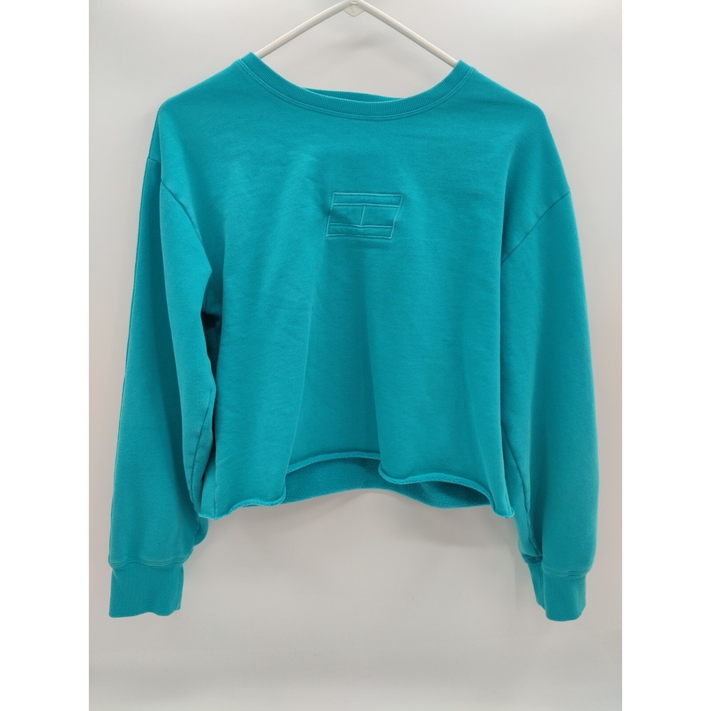 Tommy Hilfiger Sport Womens Teal Blue Cropped Fleece Sweatshirt XS Tonal Logo‎